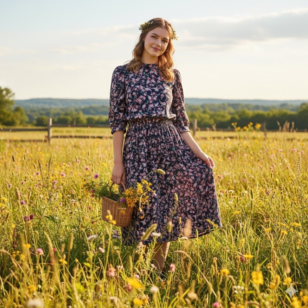 Caroline Wells Floral Midi Dress‎ Women Size 8 Elastic Waist Cottagecore Prairie